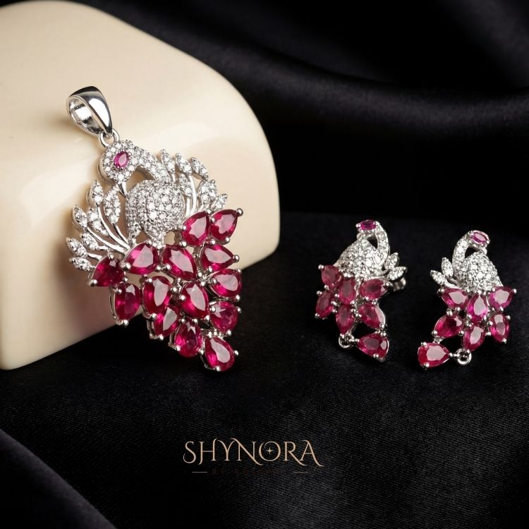 Heer Crimson Peacock Drops AD Pendant Set