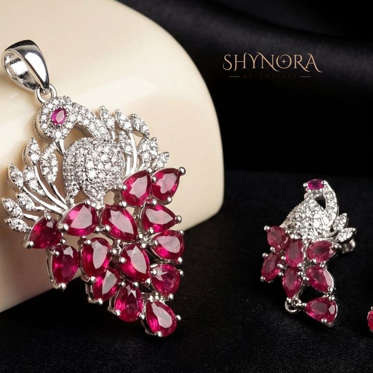 Heer Crimson Peacock Drops AD Pendant Set