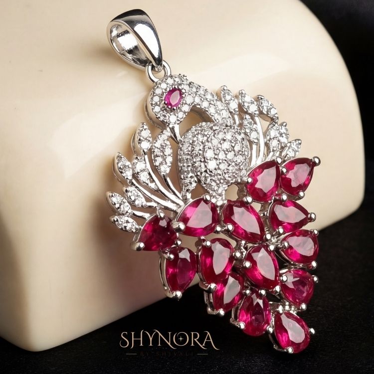 Heer Crimson Peacock Drops AD Pendant Set