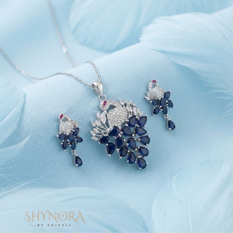 Heer Sapphire Peacock Drops AD Pendant Set