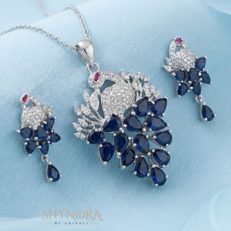 Heer Sapphire Peacock Drops AD Pendant Set
