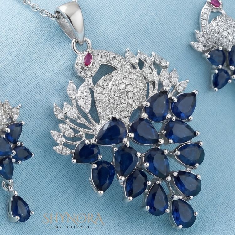 Heer Sapphire Peacock Drops AD Pendant Set
