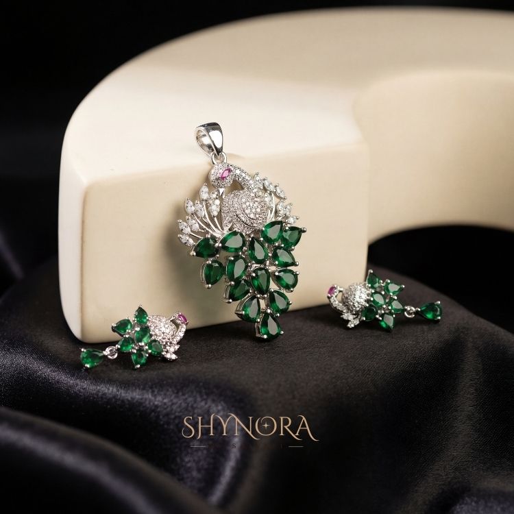 Heer Emerald Peacock Drops AD Pendant Set
