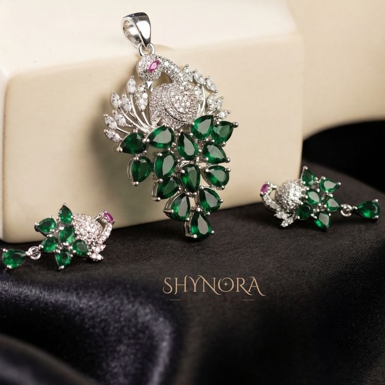 Heer Emerald Peacock Drops AD Pendant Set
