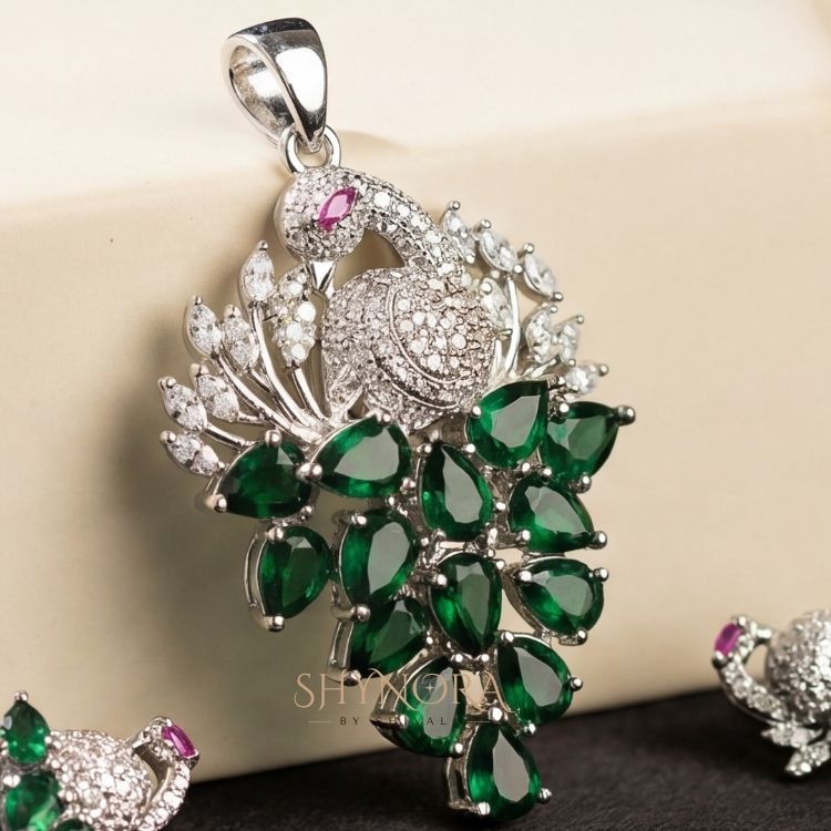 Heer Emerald Peacock Drops AD Pendant Set