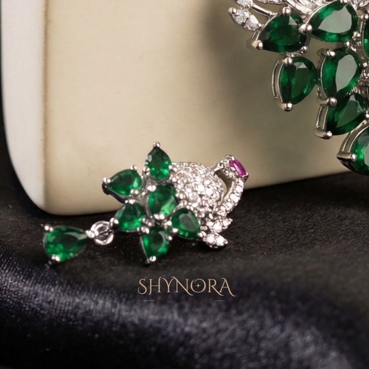 Heer Emerald Peacock Drops AD Pendant Set