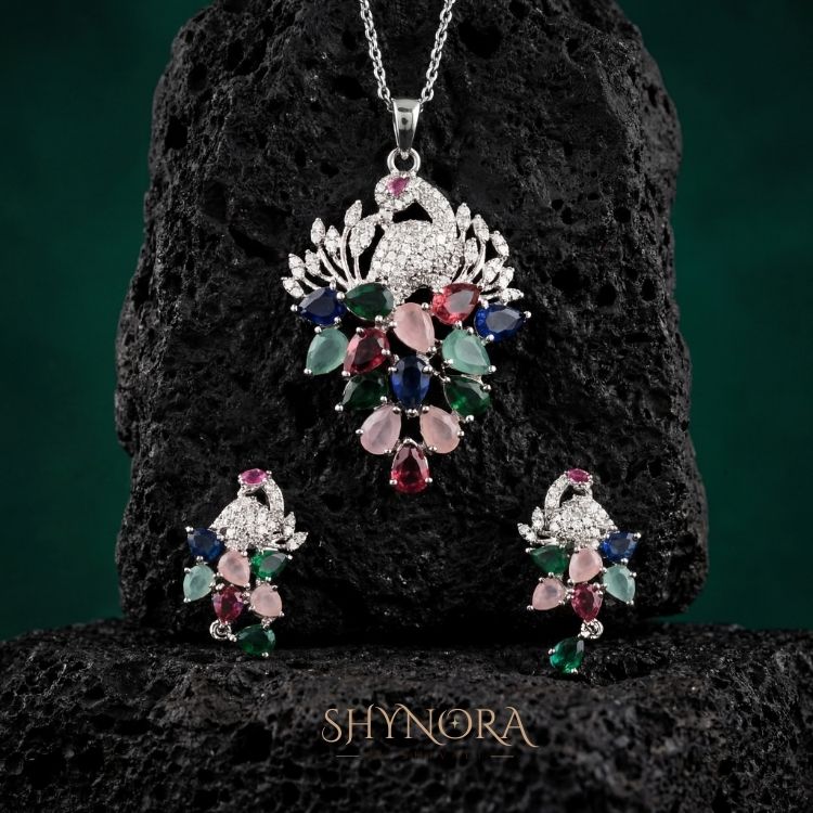 Heer Multicolor Peacock Drops AD Pendant Set