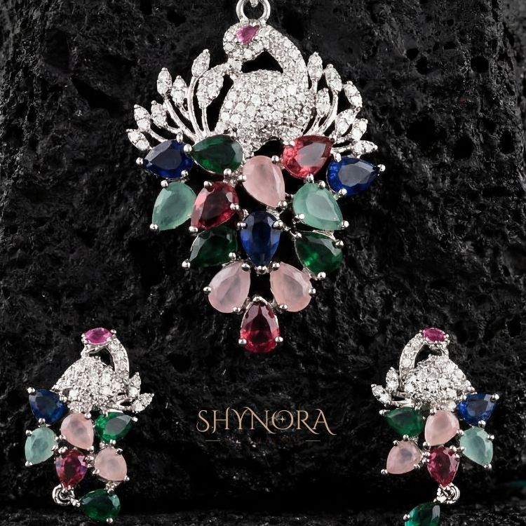 Heer Multicolor Peacock Drops AD Pendant Set