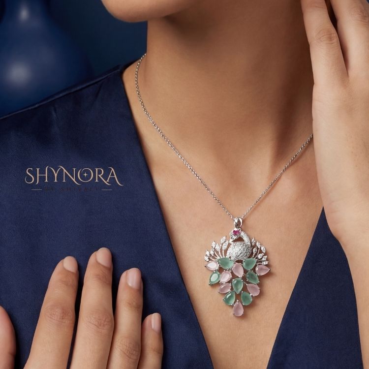 Heer Mint & Pink Pastel Drops AD Peacock Pendant Set