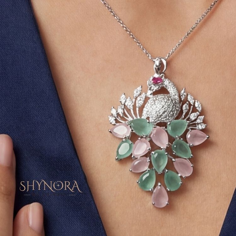 Heer Mint & Pink Pastel Drops AD Peacock Pendant Set