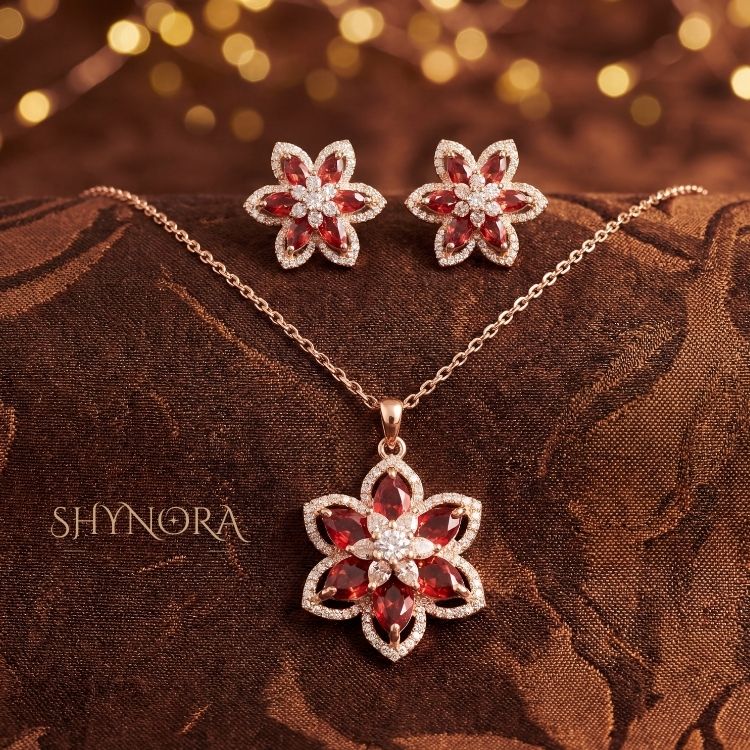 Heer Crimson Bloom AD Pendant Set