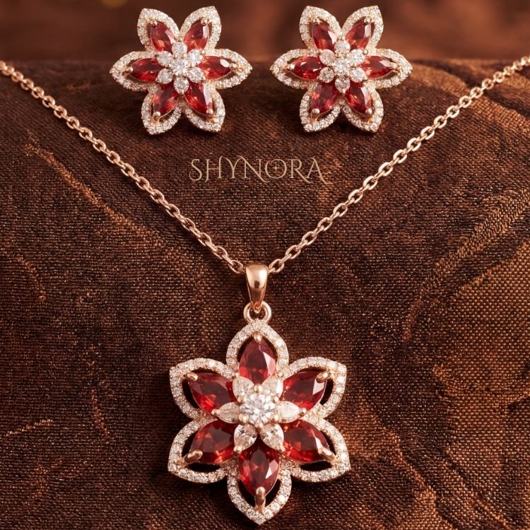 Heer Crimson Bloom AD Pendant Set