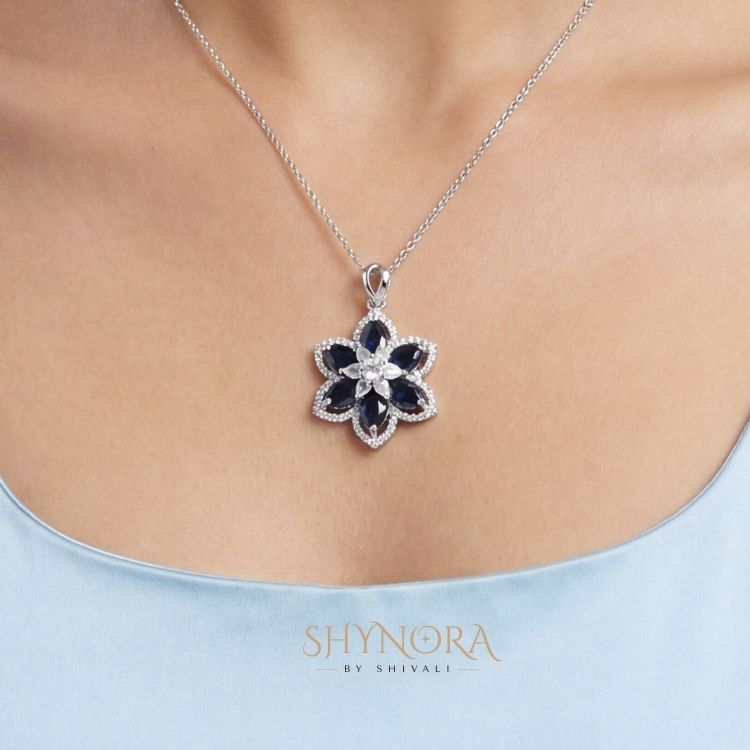 Heer Midnight Sapphire Bloom AD Pendant Set