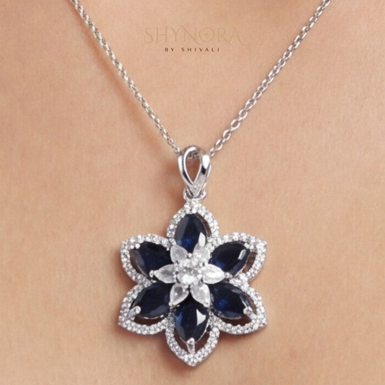 Heer Midnight Sapphire Bloom AD Pendant Set