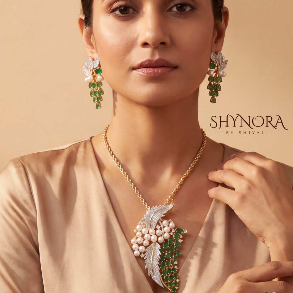 Emerald Leaf Pearl Branch Pendant Set – Shynora By Shivali