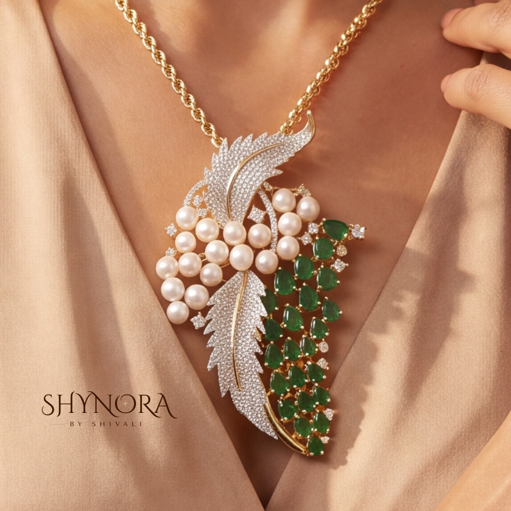 Emerald Leaf Pearl Branch Pendant Set – Shynora By Shivali
