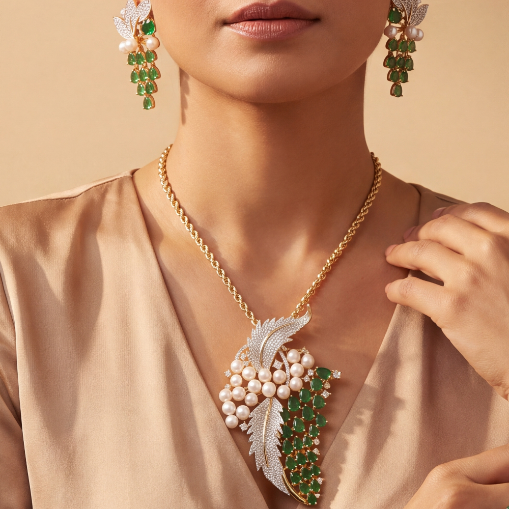 Emerald Leaf Pearl Branch Pendant Set – Shynora By Shivali