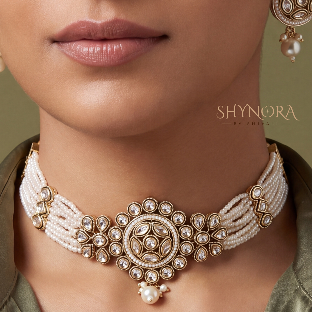 Pearl Choker Kundan Medallion Necklace Set – Shynora By Shivali