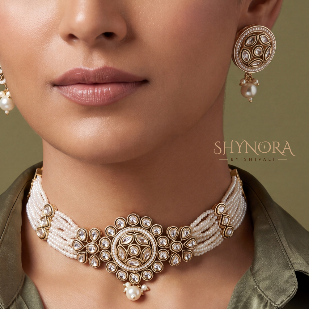 Pearl Choker Kundan Medallion Necklace Set – Shynora By Shivali