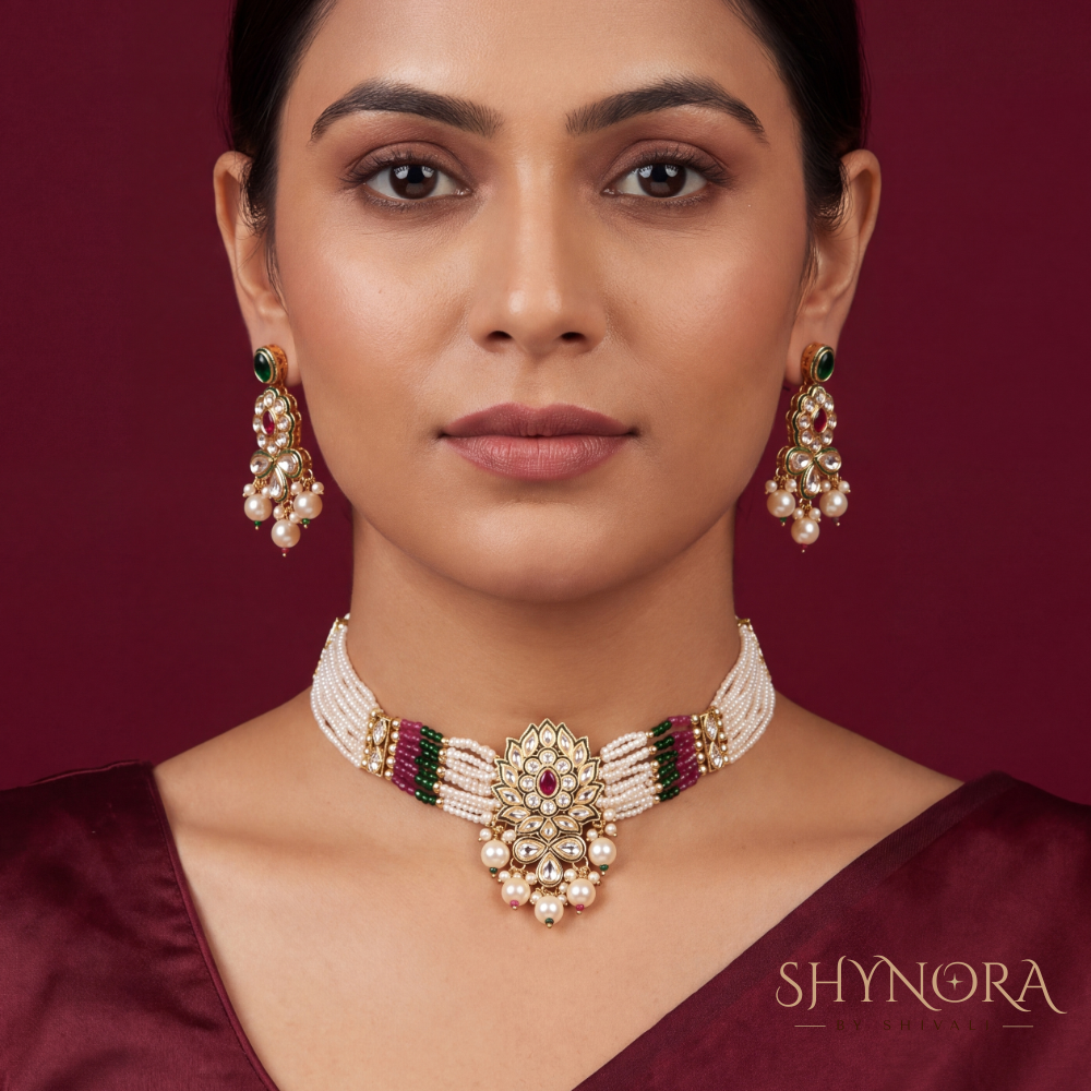 Green Maroon Kundan Pearl Necklace Set – Shynora By Shivali