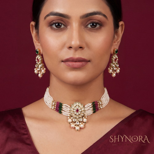 Green Maroon Kundan Pearl Necklace Set – Shynora By Shivali