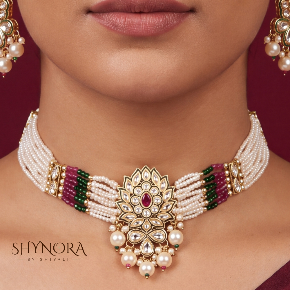 Green Maroon Kundan Pearl Necklace Set – Shynora By Shivali