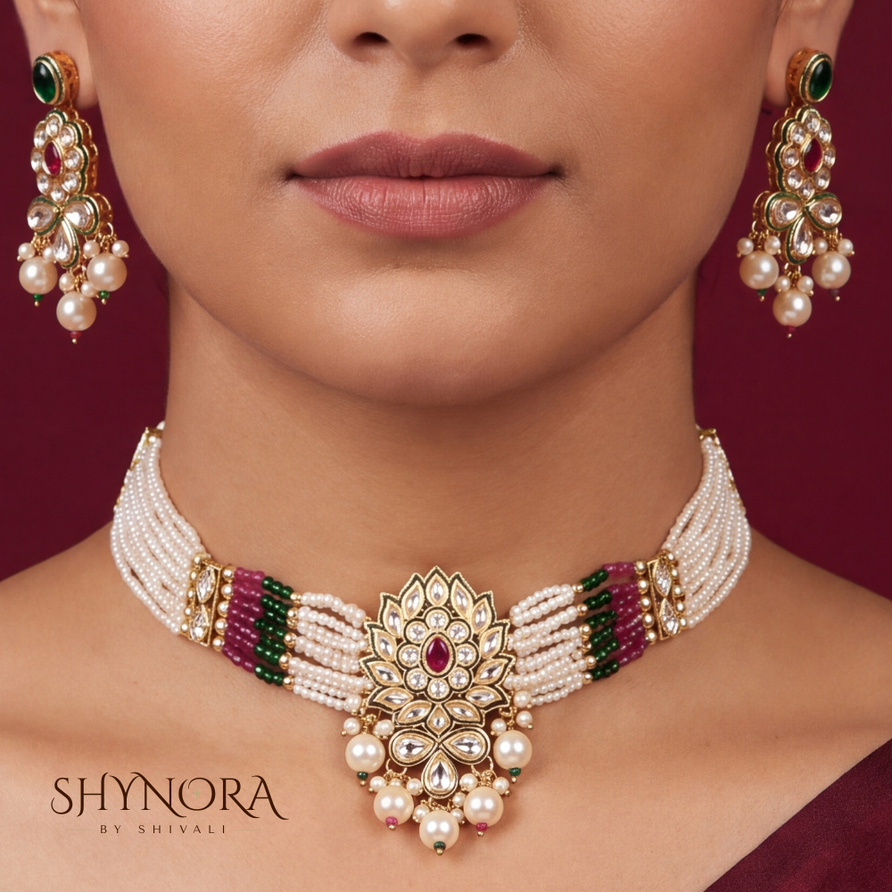 Green Maroon Kundan Pearl Necklace Set – Shynora By Shivali
