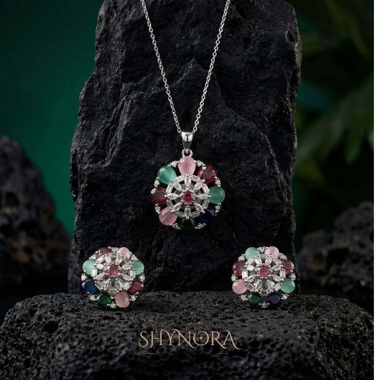 Navrangi Bloom Floral AD Pendant Set