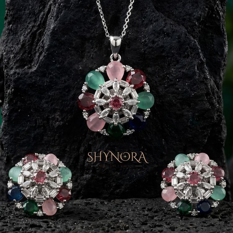 Navrangi Bloom Floral AD Pendant Set