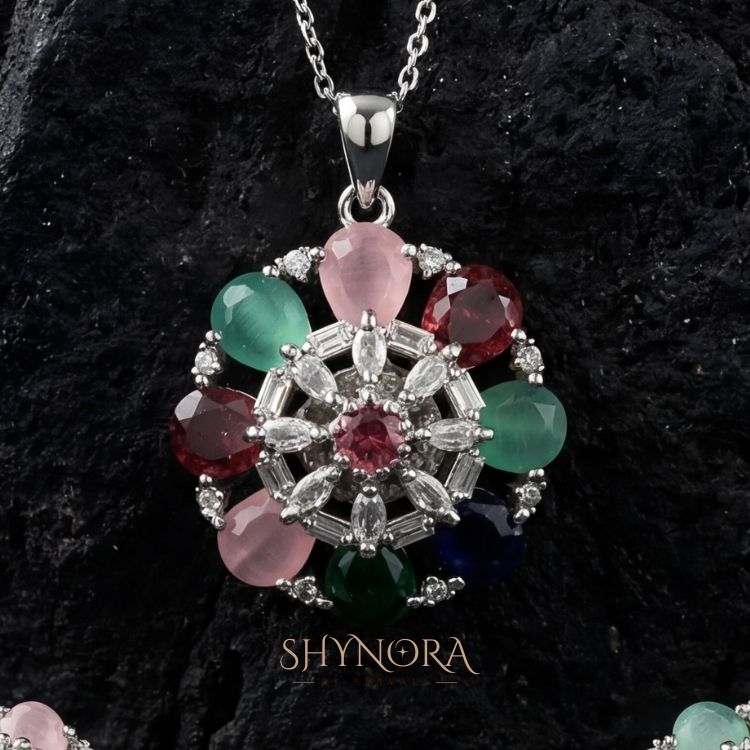 Navrangi Bloom Floral AD Pendant Set