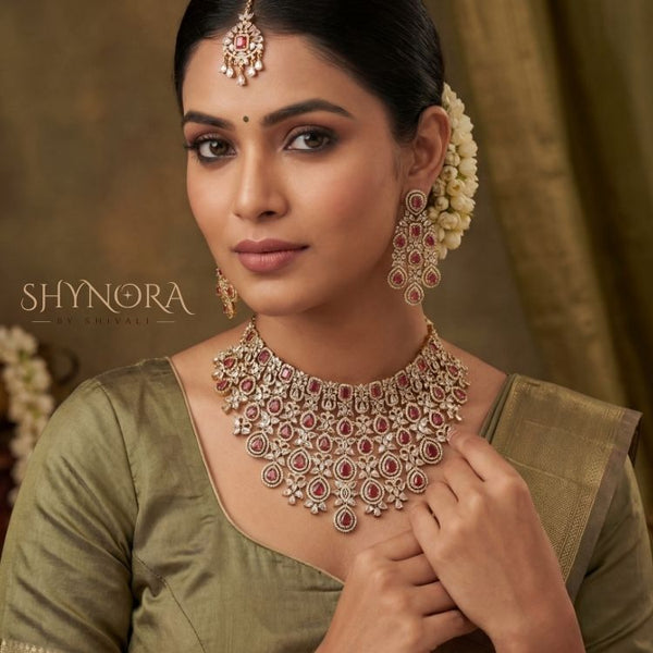 Royal Ruby Red Bridal Choker Set with Earrings & Maang Tikka