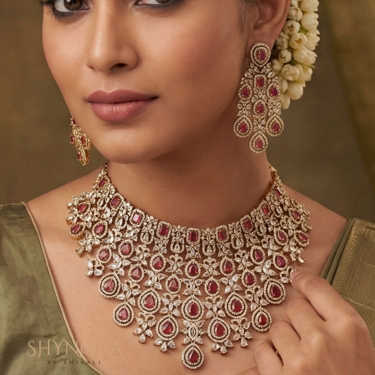 Royal Ruby Red Bridal Choker Set with Earrings & Maang Tikka