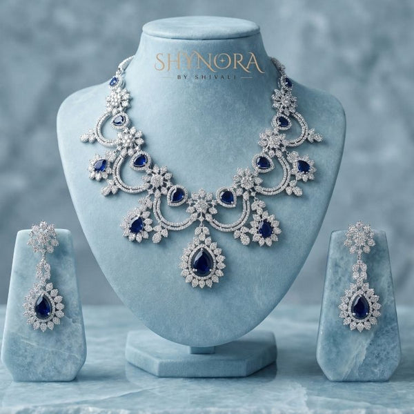 Midnight Blue Teardrop Diamond-Style Necklace Set with Earrings