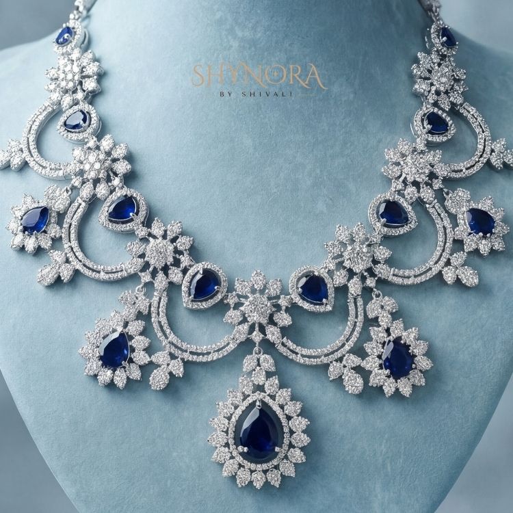 Midnight Blue Teardrop Diamond-Style Necklace Set with Earrings