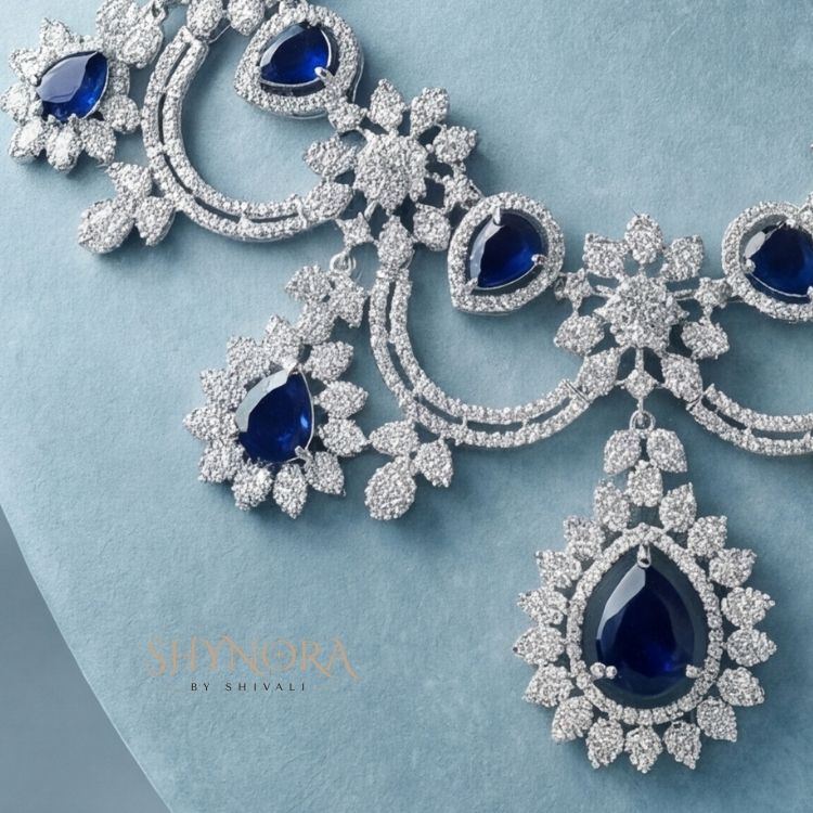 Midnight Blue Teardrop Diamond-Style Necklace Set with Earrings