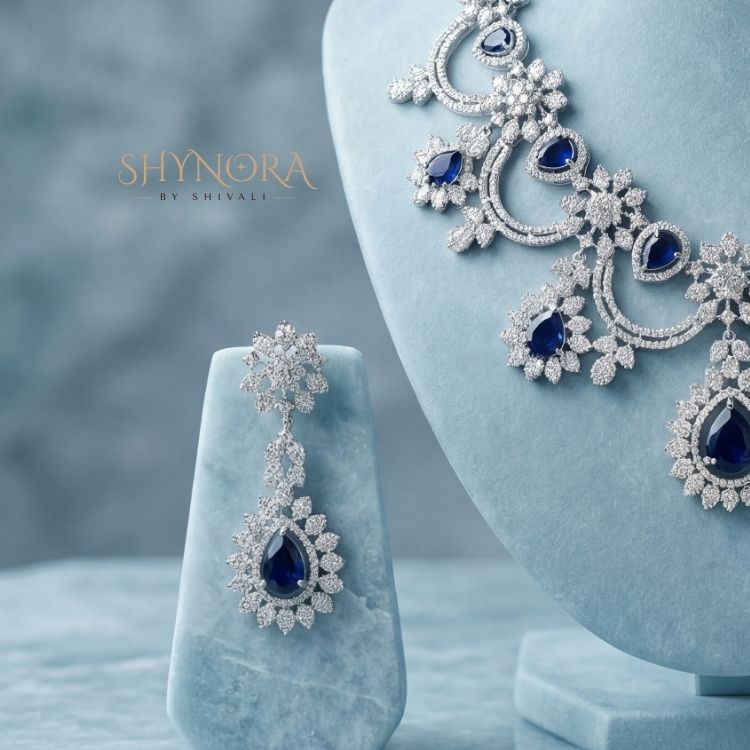 Midnight Blue Teardrop Diamond-Style Necklace Set with Earrings