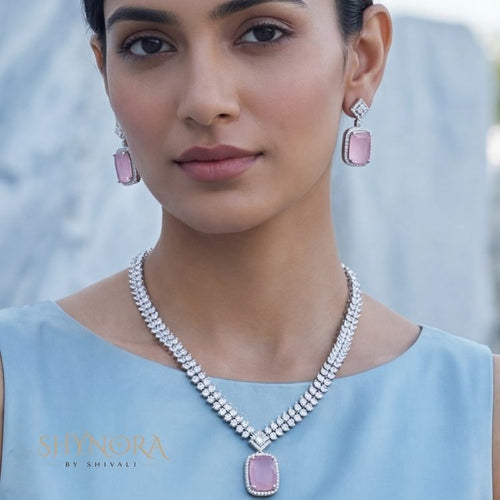 Blush Pink Crystal Pendant Necklace Set with Earrings