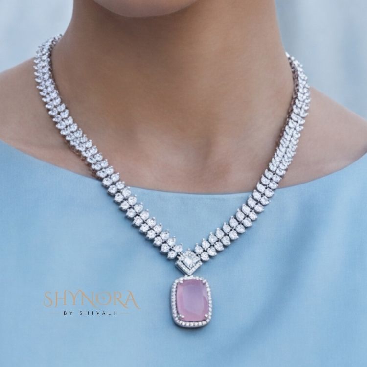 Blush Pink Crystal Pendant Necklace Set with Earrings