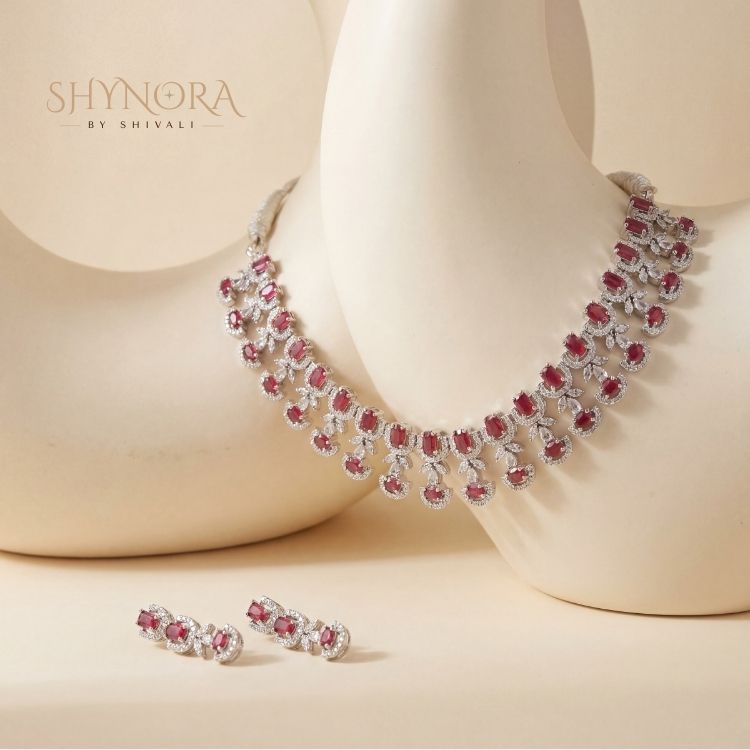 Ruby Red Crystal Choker Necklace Set with Earrings