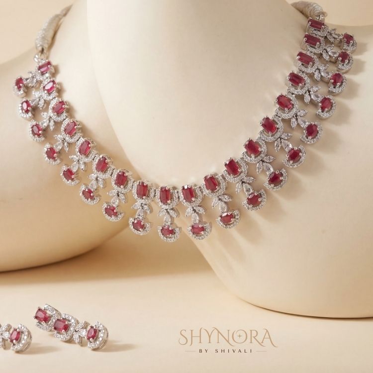 Ruby Red Crystal Choker Necklace Set with Earrings