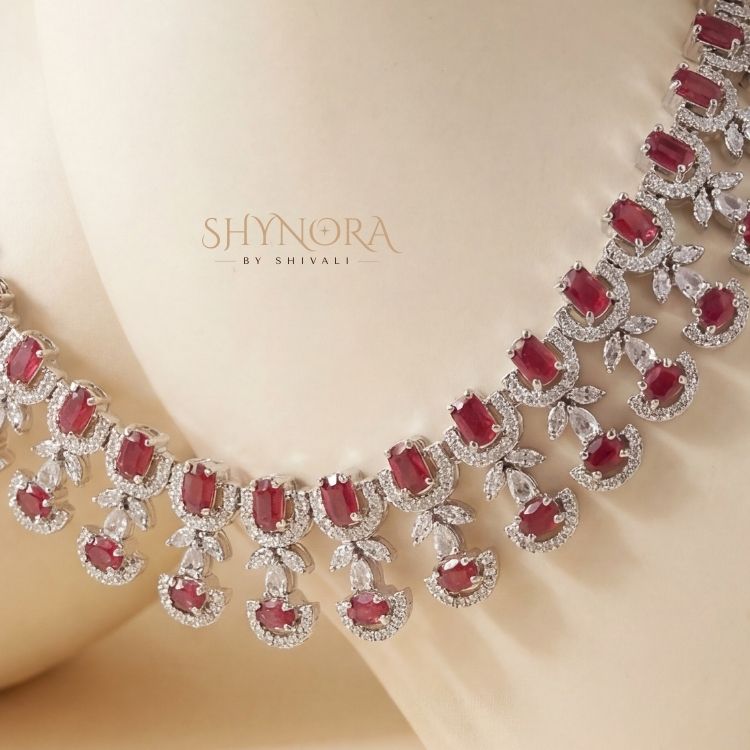 Ruby Red Crystal Choker Necklace Set with Earrings