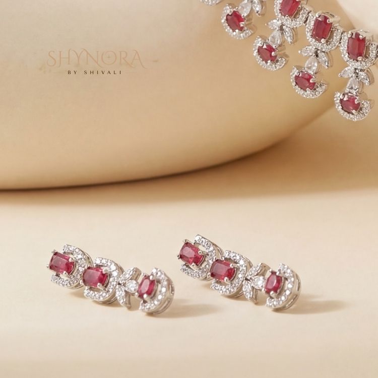 Ruby Red Crystal Choker Necklace Set with Earrings