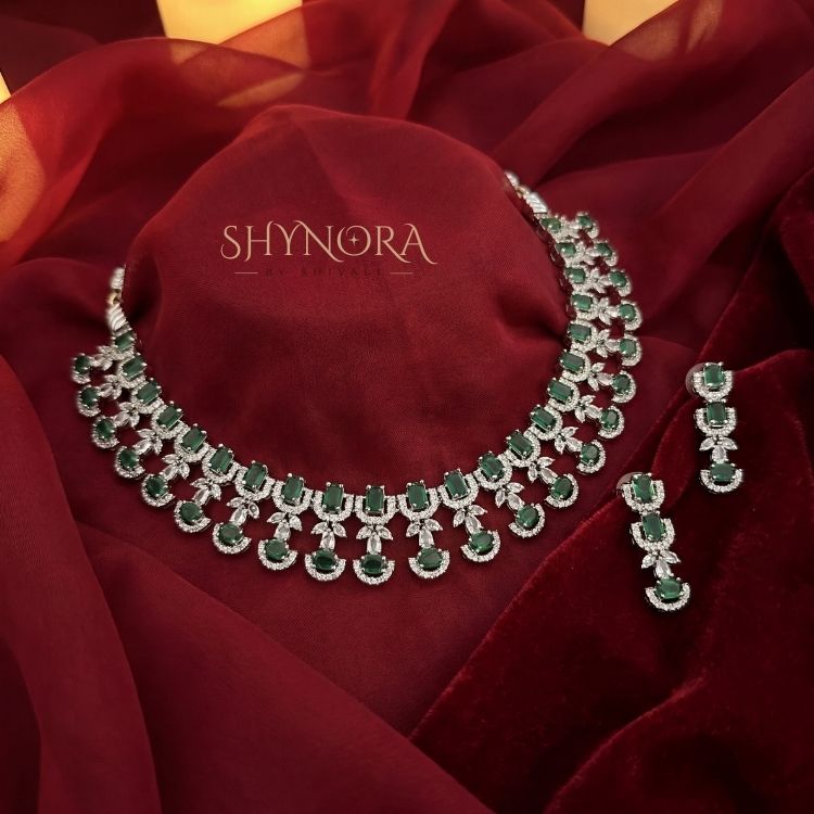 Emerald Green Crystal Choker Necklace Set with Earrings