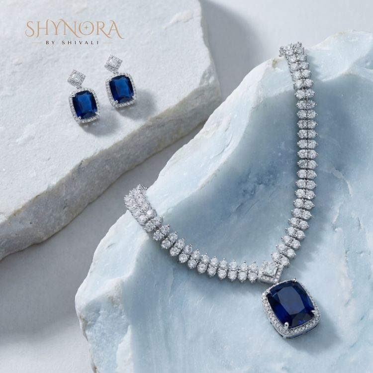 Midnight Blue Crystal Pendant Necklace Set with Earrings