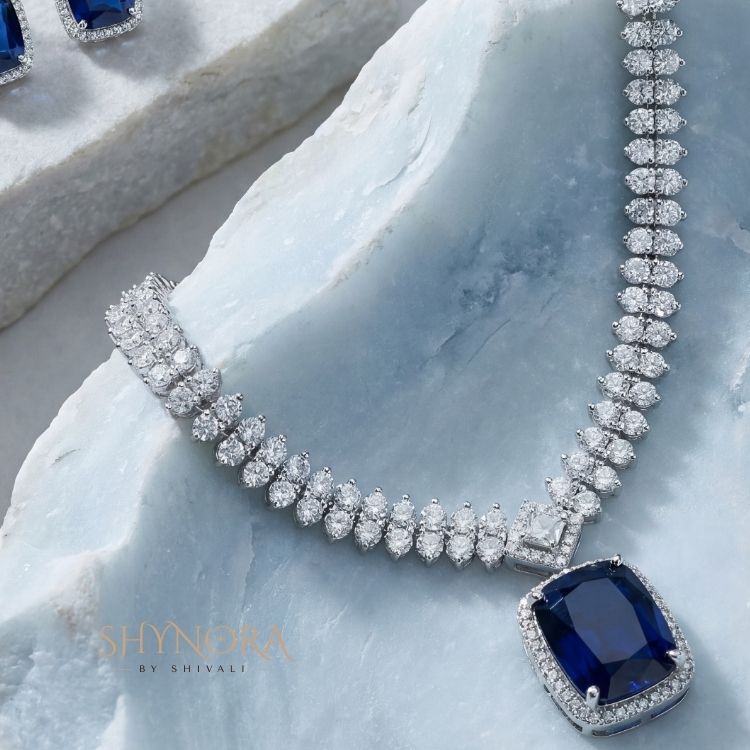 Midnight Blue Crystal Pendant Necklace Set with Earrings