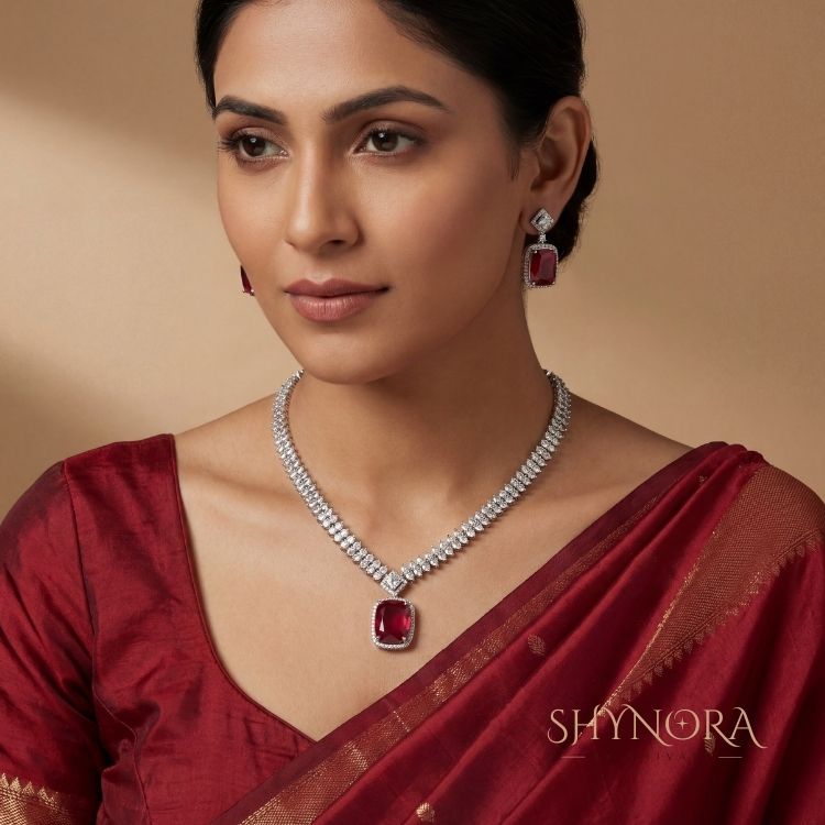 Classic Ruby Red Cushion-Cut Necklace Set with Earrings