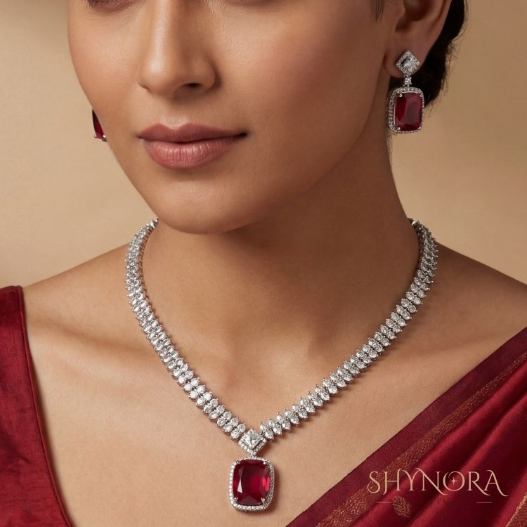 Classic Ruby Red Cushion-Cut Necklace Set with Earrings