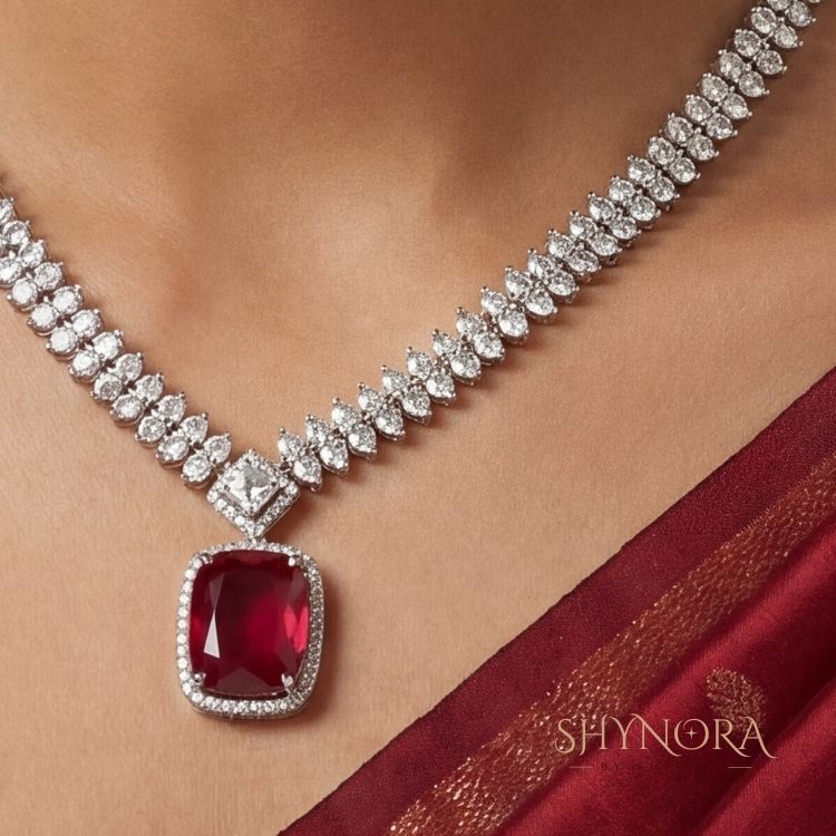 Classic Ruby Red Cushion-Cut Necklace Set with Earrings