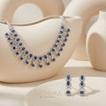 Royal Sapphire Blue Statement Necklace Set with Diamond-Finish Accents