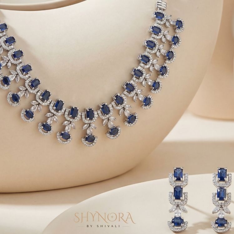 Royal Sapphire Blue Statement Necklace Set with Diamond-Finish Accents